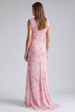 Robe longue de cérémonie à fleurs en paillettes sirène rose