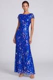 Sequins royaux bleu royaux à col bateau à fleurs à col bateau, longue robe formelle