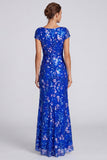 Sequins royaux bleu royaux à col bateau à fleurs à col bateau, longue robe formelle