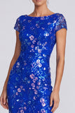 Sequins royaux bleu royaux à col bateau à fleurs à col bateau, longue robe formelle