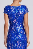 Sequins royaux bleu royaux à col bateau à fleurs à col bateau, longue robe formelle