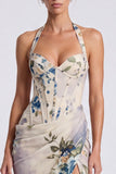 Corset fleuri sirène à col hul en ivoire longue robe formelle avec fente