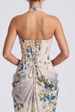 Corset fleuri sirène à col hul en ivoire longue robe formelle avec fente