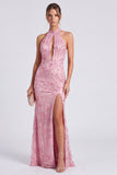 Robe longue formelle à col nu rose à col nu en forme de sirène avec fente