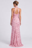 Robe longue formelle à col nu rose à col nu en forme de sirène avec fente