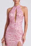 Robe longue formelle à col nu rose à col nu en forme de sirène avec fente