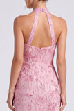Robe longue formelle à col nu rose à col nu en forme de sirène avec fente