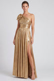 Robe formelle longue à une épaule métallique métallique dorée