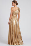Robe formelle longue à une épaule métallique métallique dorée