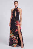 Robe longue de cérémonie à col nu en chiffon fleuri sirène noire avec fente