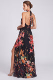 Robe longue de cérémonie à col nu en chiffon fleuri sirène noire avec fente