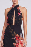 Robe longue de cérémonie à col nu en chiffon fleuri sirène noire avec fente