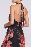 Robe longue de cérémonie à col nu en chiffon fleuri sirène noire avec fente