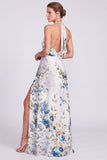Robe longue de cérémonie à col nu en chiffon fleuri sirène noire avec fente