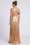 Robe formelle longue plissée en ligne A à col métallique doré et fendue