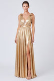 Robe formelle longue en or métallique à col en V en ligne A avec fente