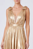 Robe formelle longue en or métallique à col en V en ligne A avec fente
