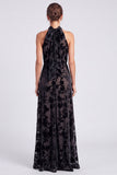 Robe longue formelle longue en velours fleur à col nez-nu olive, ligne en A