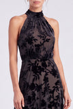 Robe longue formelle longue en velours fleur à col nez-nu olive, ligne en A