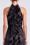 Robe longue formelle longue en velours fleur à col nez-nu olive, ligne en A