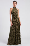 Robe longue formelle longue en velours fleur à col nez-nu olive, ligne en A