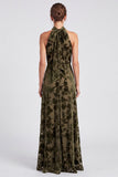 Robe longue formelle longue en velours fleur à col nez-nu olive, ligne en A