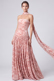 Robe longue de cérémonie longue en velours rose en velours A-line bretelles florale à fronçons