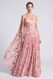 Robe longue de cérémonie longue en velours rose en velours A-line bretelles florale à fronçons