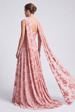 Robe longue de cérémonie longue en velours rose en velours A-line bretelles florale à fronçons