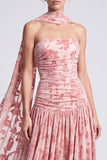 Robe longue de cérémonie longue en velours rose en velours A-line bretelles florale à fronçons