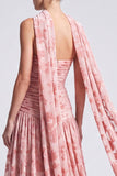 Robe longue de cérémonie longue en velours rose en velours A-line bretelles florale à fronçons