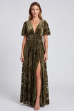 Robe Mère de la Mariée à fente fleur olive ligne A à col en V