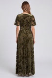 Robe Mère de la Mariée à fente fleur olive ligne A à col en V