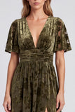 Robe Mère de la Mariée à fente fleur olive ligne A à col en V