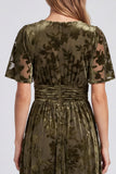 Robe Mère de la Mariée à fente fleur olive ligne A à col en V