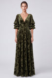 Robe longue formelle longue en velours en V à col en V olive avec demi-manches