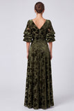 Robe longue formelle longue en velours en V à col en V olive avec demi-manches
