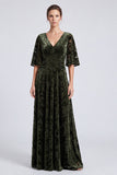 Robe longue formelle longue en velours en V à col en V olive à col en V et longues manches