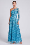 Robe longue de cérémonie à longues manches bleues à paillettes fleuries A-line Aline à une épaule
