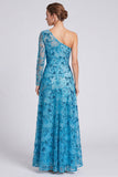 Robe longue de cérémonie à longues manches bleues à paillettes fleuries A-line Aline à une épaule