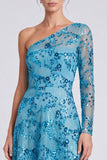 Robe longue de cérémonie à longues manches bleues à paillettes fleuries A-line Aline à une épaule