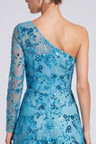 Robe longue de cérémonie à longues manches bleues à paillettes fleuries A-line Aline à une épaule