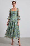 Robe de cérémonie Midi midi à col carré fleuri Sage poussiéreuse avec manches évasées