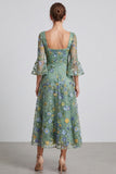 Robe de cérémonie Midi midi à col carré fleuri Sage poussiéreuse avec manches évasées