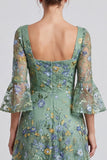 Robe de cérémonie Midi midi à col carré fleuri Sage poussiéreuse avec manches évasées