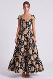Robe formelle longue à manches courtes en fleurs noires dorées en ligne en A