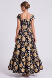Robe formelle longue à manches courtes en fleurs noires dorées en ligne en A