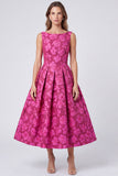 Robe midi fleurie sans dos Jacquard à col bateau Fuchsia A-Line