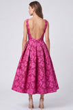 Robe midi fleurie sans dos Jacquard à col bateau Fuchsia A-Line