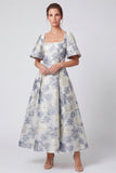 Robe Maxi fleurie A-line Dust Blue Jacquard à col carré à manches courtes